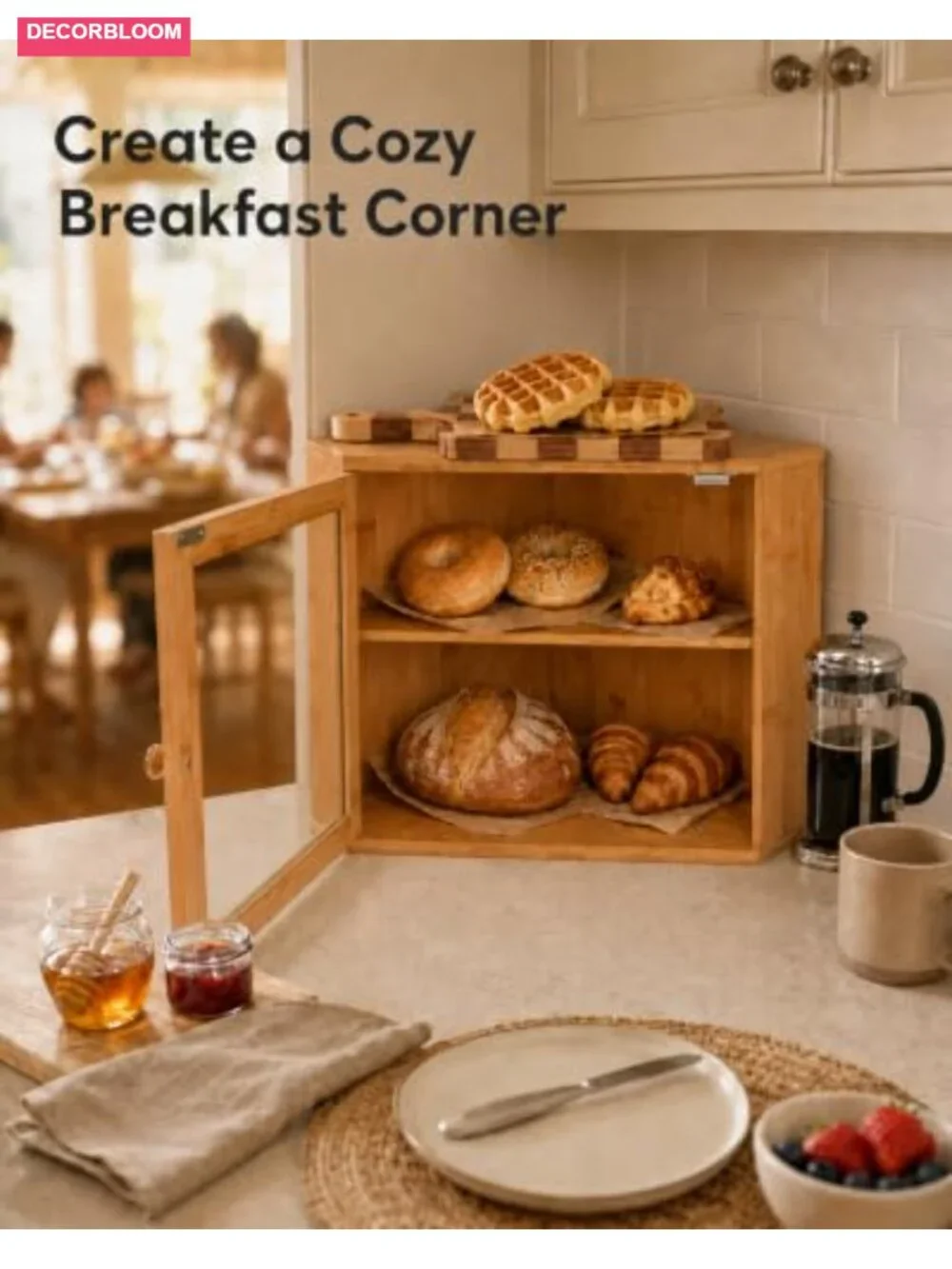 2 Tier Bamboo Bread Box Corner Kitchen Countertop Organizer Storage Container
